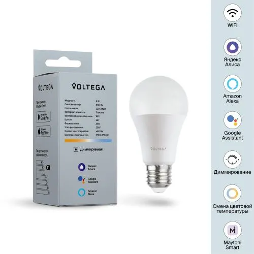 Лампа светодиодная диммируемая Voltega E27 5W 2700К матовая VG-A60E27cct-WIFI-9W 2429  фото 9
